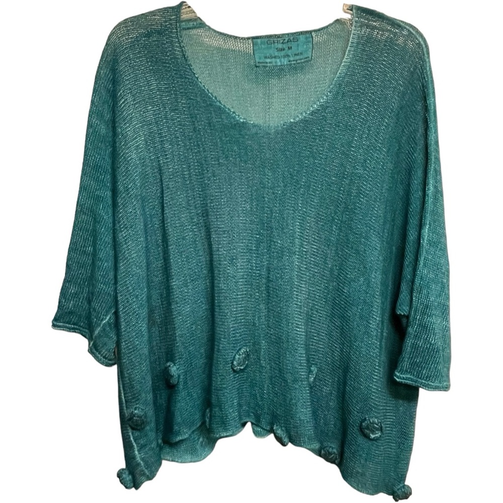 GRIZAS Oliota Top Linen Flower Detail Teal Lagenlook Oversized Relaxed Sz Medium